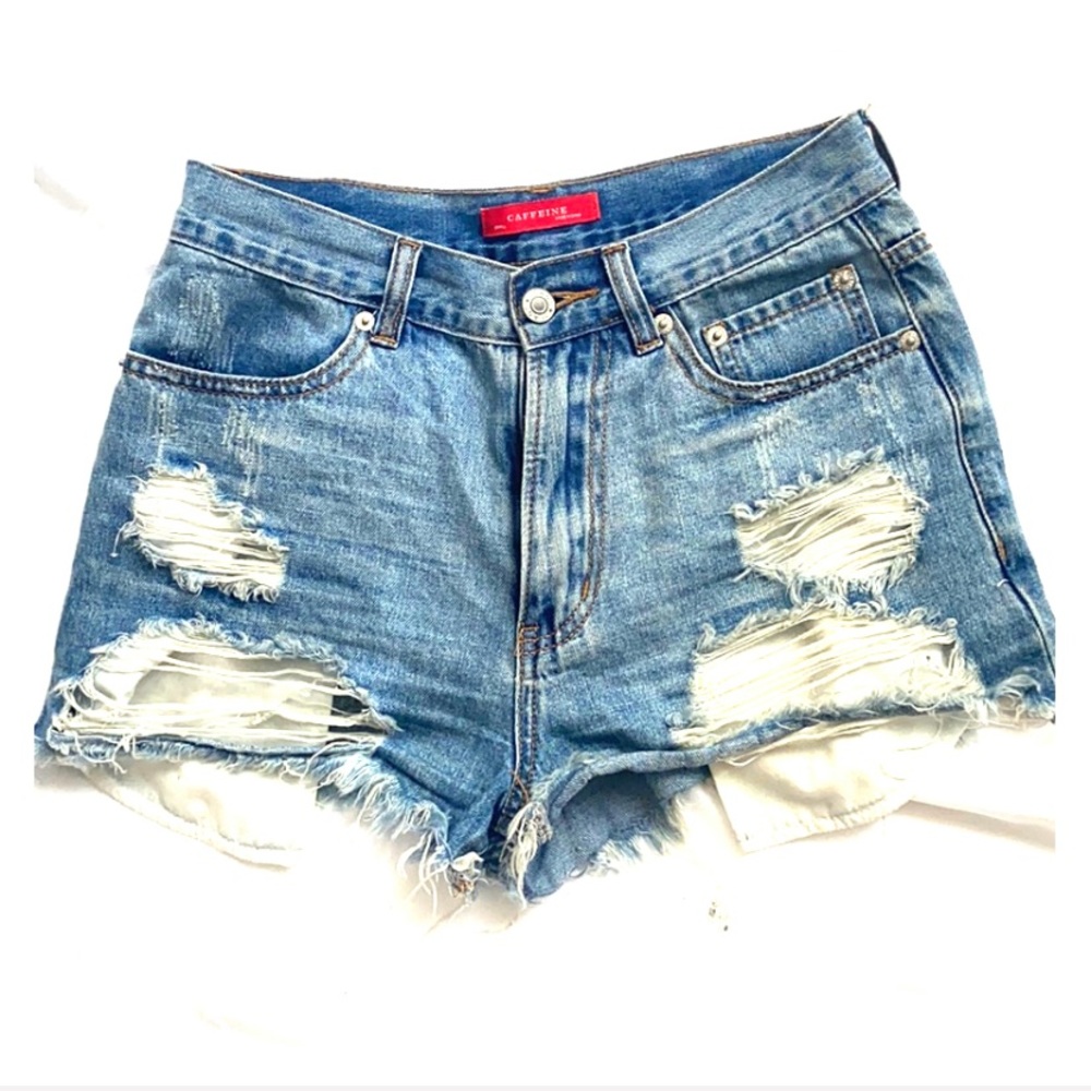 High rise distressed denim shorts
